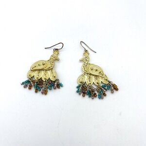 Peacock Drop Dangle Earrings Gold Tone Filigree Beads Bohemian Jewelry‎